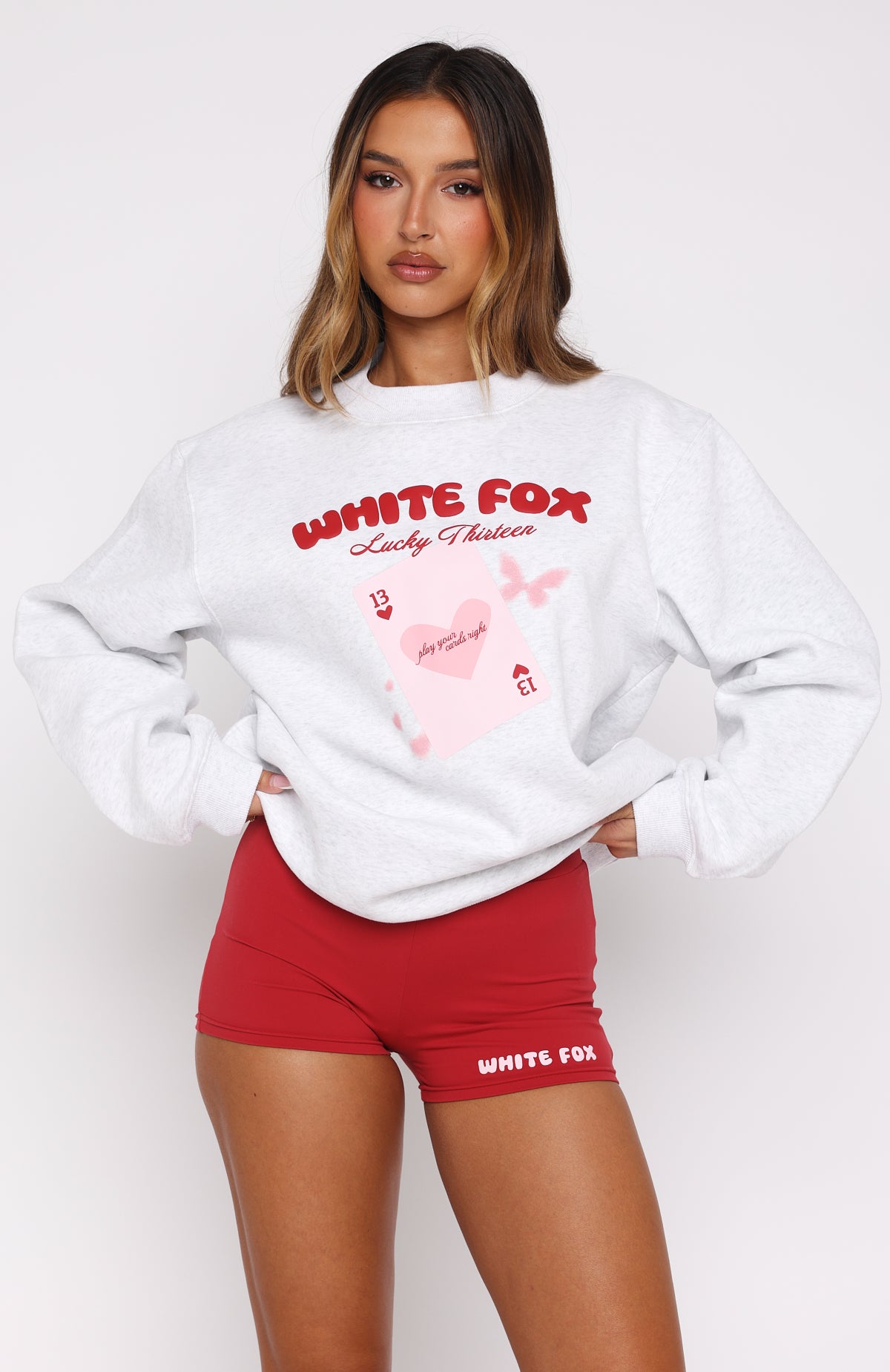 white-fox-lucky-thirteen-charise-booty-shorts-kalena-oversized-sweater-grey-marle-7.8.25-01